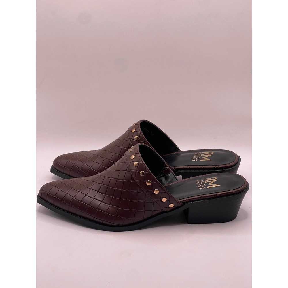 Rebecca Minkoff Barb Woven Mules Dark Brown Studded Pointed Toe Clogs 7M - Picture 4 of 7